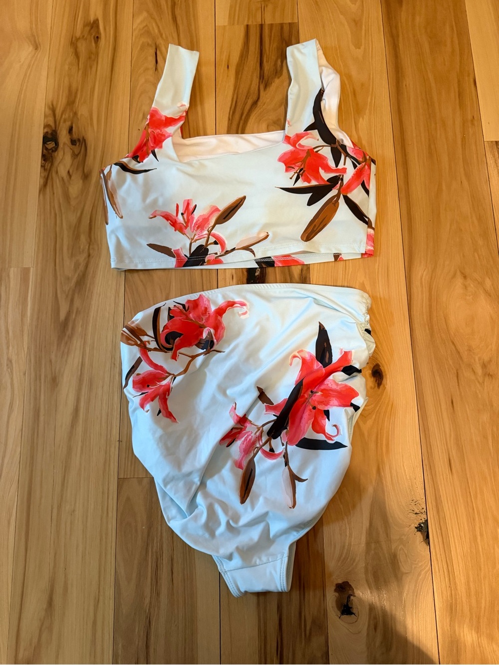 Albion Floral high-waisted bikini in light blue and coral